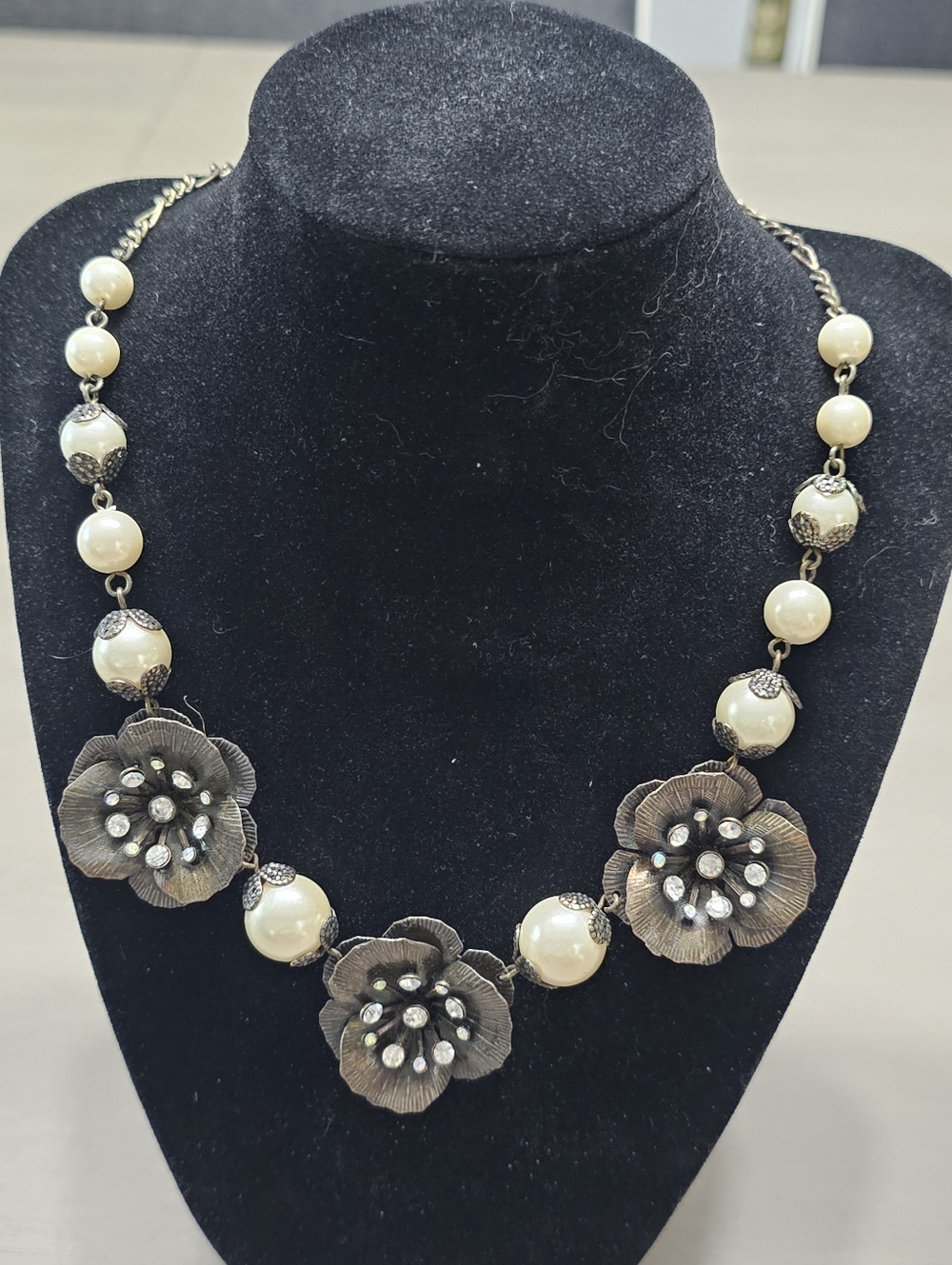 Vintage Pierre Lang Style Faux Pearl & Crystal Flower Statement Necklace